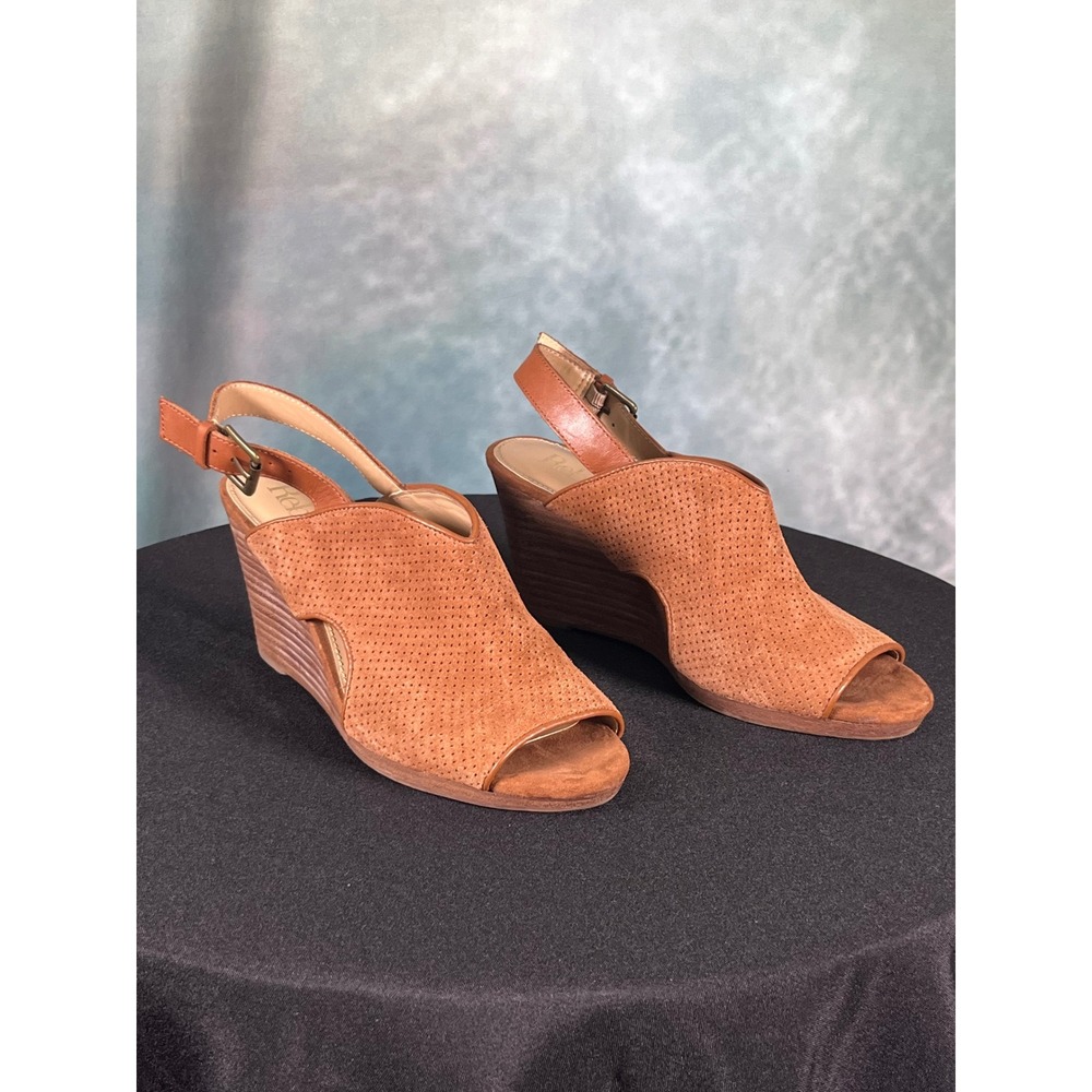 Reba‎ Anny Brown Perforated Leather Wedge Slingback Sandals Womens 8M